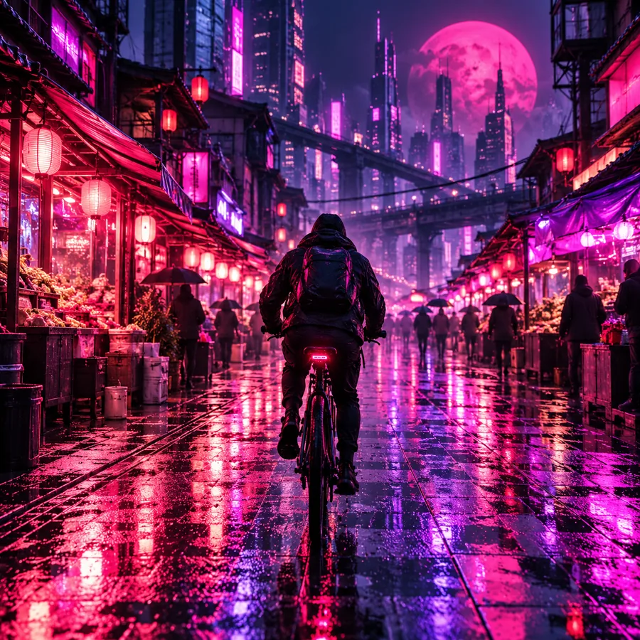Redaktionelles Porträt einer kreativen Unternehmerin oder eines kreativen Unternehmers an einem Arbeitsplatz in einem kleinen Studio, sanft beleuchtet von rosa und violettem Licht, selbstbewusst und zugänglich, im Hochformat.
